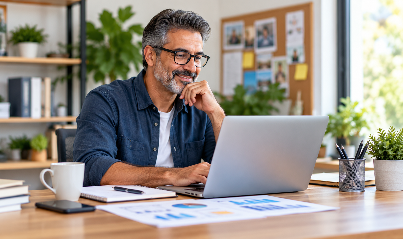 Small business owner working independently on digital marketing at a laptop
