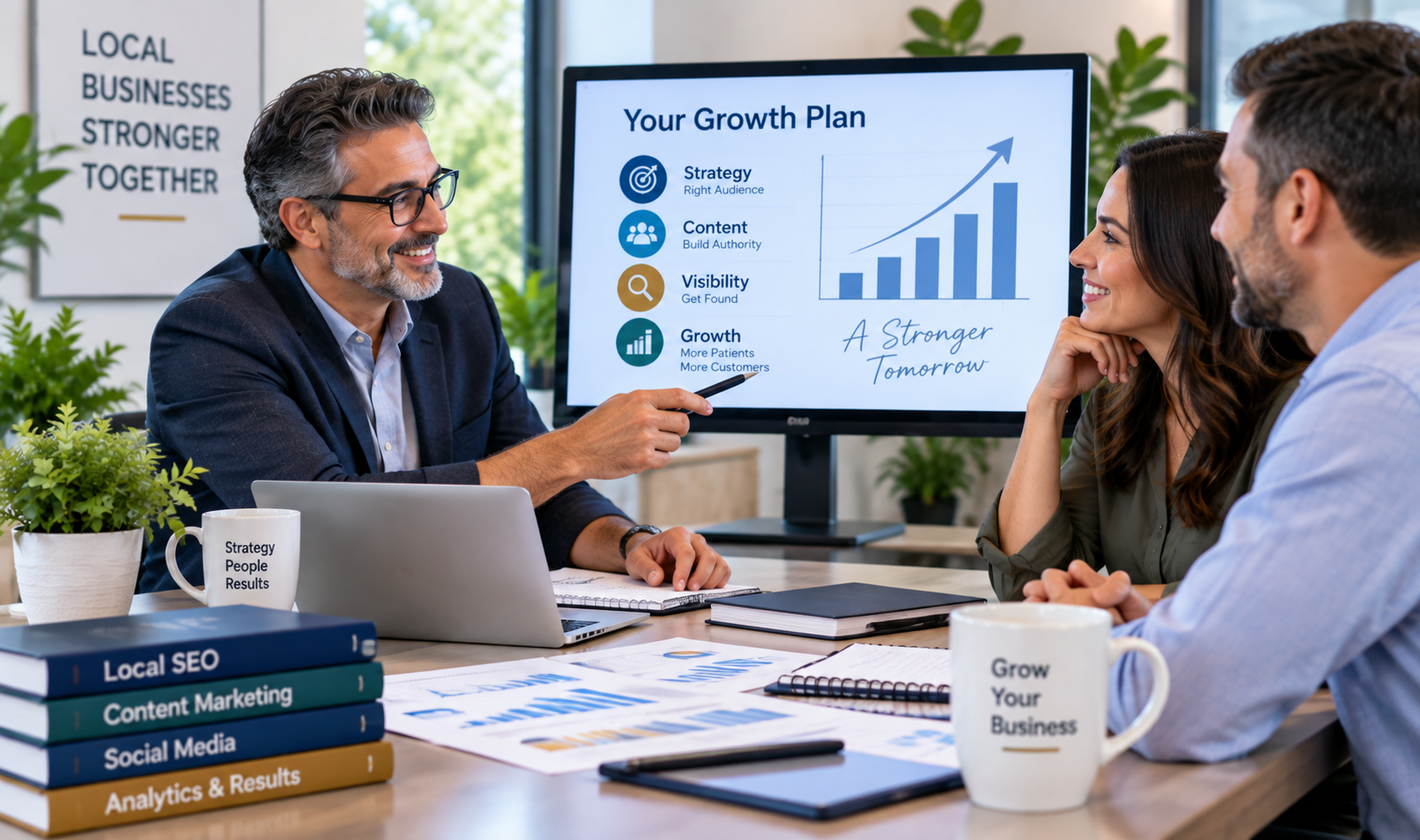 Business owners meeting with a marketing professional to review strategy and growth